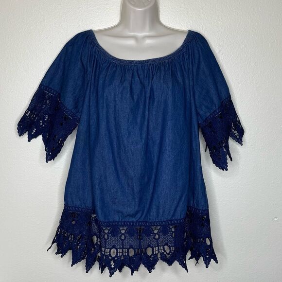 Taxi Blue Chambray Denim Off Shoulder Wide Crochet Lace Trim Top Women 2X FLAWED - Picture 14 of 14